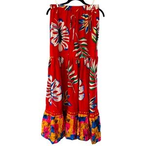Solitaire Floral Boho Maxi Skirt Red Multi Colored Tropical Vacation Summer Sz S